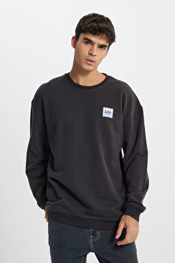 Relaxed Fit Geniş Kesim %100 Pamuk Bisiklet Yaka Şardonlu Antrasit Sweatshirt - Washed Black-LM01RJON