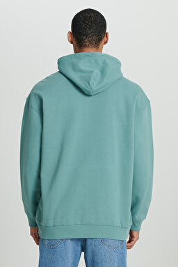 Loose Fit Rahat Kesim %100 Pamuk Kapüşonlu Şardonlu Mint Yeşili Sweatshirt - Petrol-LM02RJ405 (görsel 6)