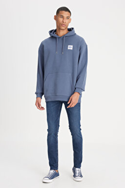 Loose Fit Rahat Kesim %100 Pamuk Kapüşonlu Şardonlu İndigo Sweatshirt - Taint Grey-LM02RJA66 (görsel 3)