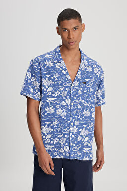 Relaxed Fit Geniş Kesim Kısa Kollu Lacivert Gömlek - Surf Blue-LM28205298QF