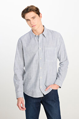 %100 Pamuk Relaxed Fit Geniş Kesim Çizgili Ekru Gömlek - Ecru-LM726855543
