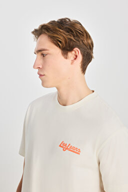 %100 Pamuk Relaxed Fit Geniş Kesim Bisiklet Yaka Baskılı Ekru Tişört - Ecru-LM828731923 (görsel 4)