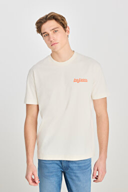 %100 Pamuk Relaxed Fit Geniş Kesim Bisiklet Yaka Baskılı Ekru Tişört - Ecru-LM828731923 (görsel 5)