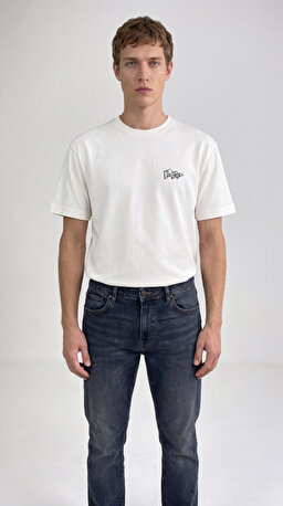 %100 Pamuk Relaxed Rahat Kesim Bisiklet Yaka Logo Detaylı Tişört - Off White-LN388680102 (görsel 4)