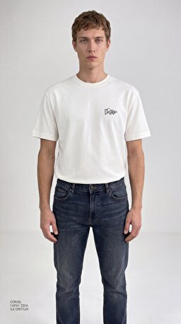 %100 Pamuk Relaxed Rahat Kesim Bisiklet Yaka Logo Detaylı Tişört - Off White-LN388680102