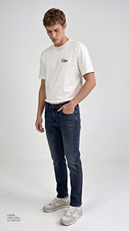 %100 Pamuk Relaxed Rahat Kesim Bisiklet Yaka Logo Detaylı Tişört - Off White-LN388680102 (görsel 3)