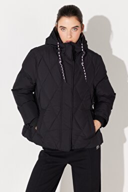 Loose Fit Rahat Kesim Kapüşonlu Siyah Şişme Mont - Unionall Blk-LQ52EVA76