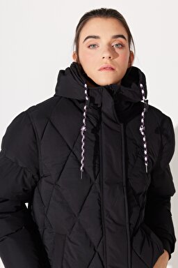 Loose Fit Rahat Kesim Kapüşonlu Siyah Şişme Mont - Unionall Blk-LQ52EVA76 (görsel 4)