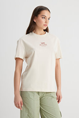 Relaxed Fit Geniş Kesim Bisiklet Yaka %100 Pamuk Bej Tişört - Soy Bean-LQ68EHA92