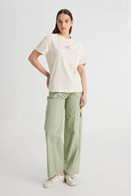 Relaxed Fit Geniş Kesim Bisiklet Yaka %100 Pamuk Bej Tişört - Soy Bean-LQ68EHA92 (görsel 3)