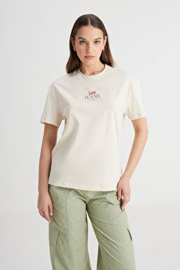 Relaxed Fit Geniş Kesim Bisiklet Yaka %100 Pamuk Bej Tişört - Soy Bean-LQ68EHA92 (görsel 4)