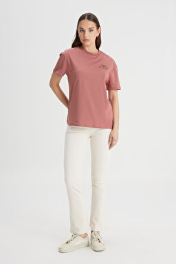 Relaxed Fit Geniş Kesim Bisiklet Yaka %100 Pamuk Kiremit Rengi Tişört - Kc Khaki-LQ68EHA95 (görsel 3)