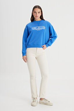 Relaxed Fit Geniş Kesim Bisiklet Yaka Mavi Sweatshirt - Blue-LQ96200475400 (görsel 3)