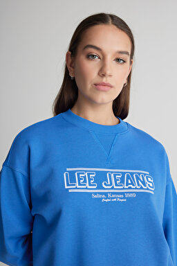 Relaxed Fit Geniş Kesim Bisiklet Yaka Mavi Sweatshirt - Blue-LQ96200475400 (görsel 4)