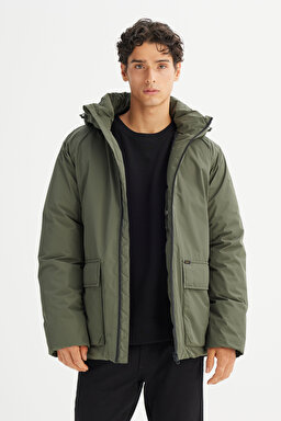 Regular Fit Normal Kesim Kapüşonlu Cepli Puffer Şişme Mont - Olive Gray-LR317064901