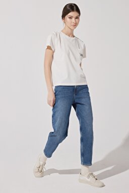 Regular Fit Normal Kesim %100 Pamuk Bisiklet Yaka Kırık Beyaz Tişört - Off White-LV01EHMK (görsel 4)