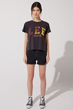 Loose Fit Rahat Kesim %100 Pamuk Bisiklet Yaka Antrasit Tişört - Washed Black-LV04EHON (görsel 4)