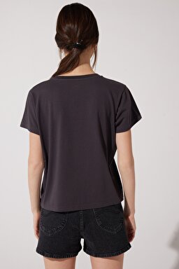 Loose Fit Rahat Kesim %100 Pamuk Bisiklet Yaka Antrasit Tişört - Washed Black-LV04EHON (görsel 7)