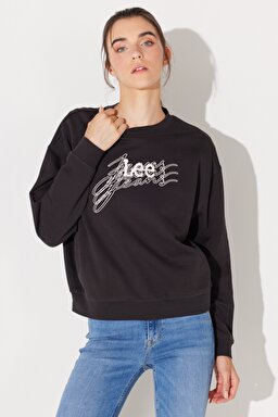 Relaxed Fit Geniş Kesim %100 Pamuk Bisiklet Yaka Şardonlu Antrasit Sweatshirt - Washed Black-LV32EJON