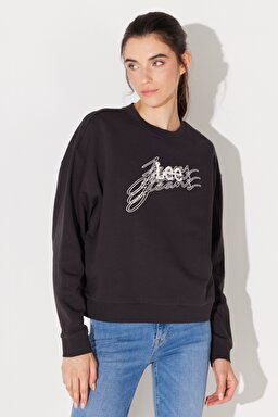 Relaxed Fit Geniş Kesim %100 Pamuk Bisiklet Yaka Şardonlu Antrasit Sweatshirt - Washed Black-LV32EJON (görsel 2)