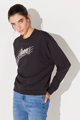 Relaxed Fit Geniş Kesim %100 Pamuk Bisiklet Yaka Şardonlu Antrasit Sweatshirt - Washed Black-LV32EJON (görsel 3)