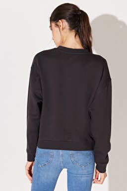 Relaxed Fit Geniş Kesim %100 Pamuk Bisiklet Yaka Şardonlu Antrasit Sweatshirt - Washed Black-LV32EJON (görsel 7)