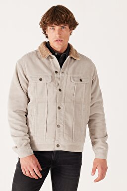 Regular Fit Normal Kesim %100 Pamuk Sherpa Yaka Bej Kadife Ceket - Salina Stone-LV50OOE32