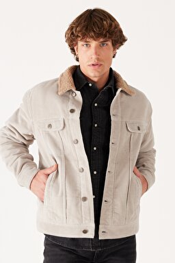 Regular Fit Normal Kesim %100 Pamuk Sherpa Yaka Bej Kadife Ceket - Salina Stone-LV50OOE32 (görsel 4)