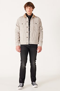 Regular Fit Normal Kesim %100 Pamuk Sherpa Yaka Bej Kadife Ceket - Salina Stone-LV50OOE32 (görsel 7)