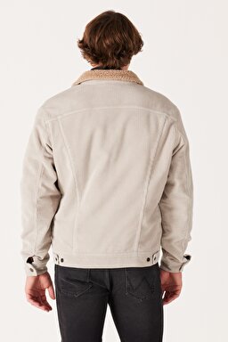 Regular Fit Normal Kesim %100 Pamuk Sherpa Yaka Bej Kadife Ceket - Salina Stone-LV50OOE32 (görsel 8)