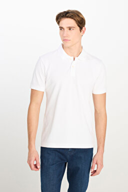 %100 Pamuk Regular Fit Normal Kesim Kırık Beyaz Polo Yaka Tişört - Off White-ML211810102