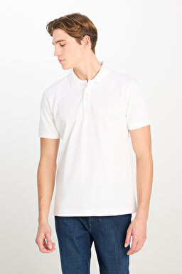 %100 Pamuk Regular Fit Normal Kesim Kırık Beyaz Polo Yaka Tişört - Off White-ML211810102 (görsel 2)