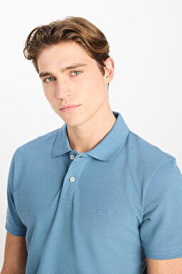 %100 Pamuk Regular Fit Normal Kesim Mavi Polo Yaka Tişört - Blue-ML211810400 (görsel 4)