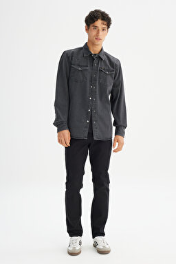 %100 Pamuk Regular Fit Normal Kesim Klasik Yaka Cepli Denim Gömlek - Anthracita-ML241513003 (görsel 2)