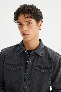 %100 Pamuk Regular Fit Normal Kesim Klasik Yaka Cepli Denim Gömlek - Anthracita-ML241513003 (görsel 4)
