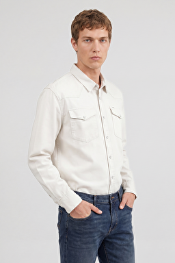 %100 Pamuk Western Regular Fit Normal Kesim Cepli Gömlek - Beige-ML241514614