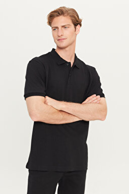 %100 Pamuk Regular Fit Normal Kesim Siyah Polo Yaka Tişört - Black-MW211837001 (görsel 2)