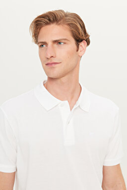 %100 Pamuk Regular Fit Normal Kesim Beyaz Polo Yaka Tişört - White-MW211837100 (görsel 4)