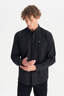 %100 Pamuk Regular Fit Normal Kesim Cep Detaylı Siyah Gömlek - Black-MW241464001 (görsel 3)