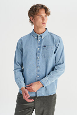 %100 Pamuk Regular Fit Tek Cepli Klasik Yaka Gömlek - MidBlue-MW241464XT (görsel 3)