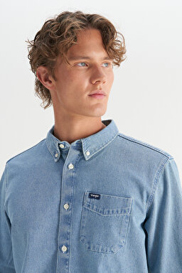 %100 Pamuk Regular Fit Tek Cepli Klasik Yaka Gömlek - MidBlue-MW241464XT (görsel 4)