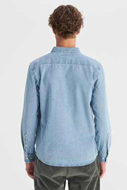 %100 Pamuk Regular Fit Tek Cepli Klasik Yaka Gömlek - MidBlue-MW241464XT (görsel 5)