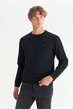 Pamuklu Regular Fit Normal Kesim Bisiklet Yaka Selanik Örgü Sweatshirt - Black-MW242262001 (görsel 3)