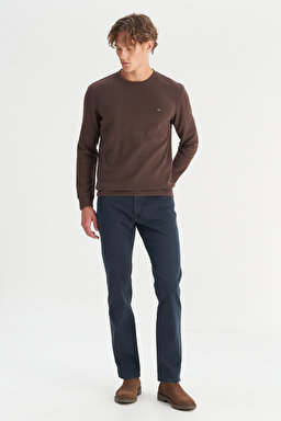 Pamuklu Regular Fit Normal Kesim Bisiklet Yaka Selanik Örgü Sweatshirt - Dark Brown-MW242262024 (görsel 2)