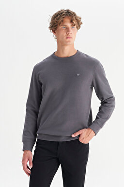 Pamuklu Regular Fit Normal Kesim Bisiklet Yaka Selanik Örgü Sweatshirt - Gray-MW242262035