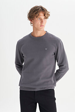 Pamuklu Regular Fit Normal Kesim Bisiklet Yaka Selanik Örgü Sweatshirt - Gray-MW242262035 (görsel 3)