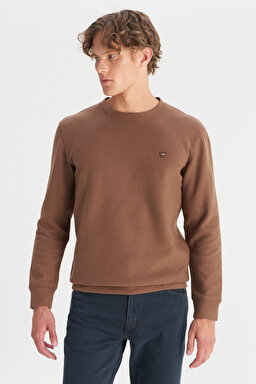 Pamuklu Regular Fit Normal Kesim Bisiklet Yaka Selanik Örgü Sweatshirt - Brown-MW242262220