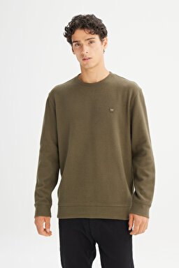 Pamuklu Regular Fit Normal Kesim Bisiklet Yaka Selanik Örgü Sweatshirt - Khaki-MW242262801