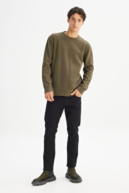 Pamuklu Regular Fit Normal Kesim Bisiklet Yaka Selanik Örgü Sweatshirt - Khaki-MW242262801 (görsel 2)