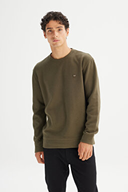 Pamuklu Regular Fit Normal Kesim Bisiklet Yaka Selanik Örgü Sweatshirt - Khaki-MW242262801 (görsel 3)